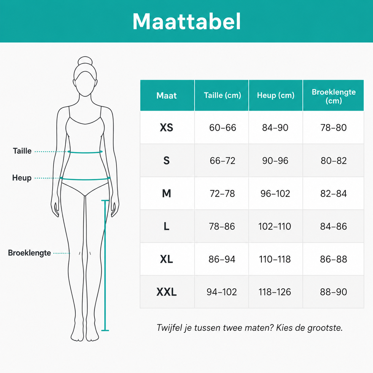 Maattabel ComfortVorm Legging — maten XS t/m XXL in centimeters